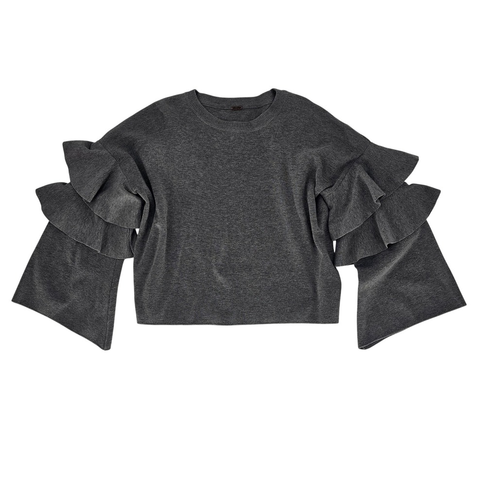 Cropped Boho Pullover Sweater L Gray Ruffle Tiered Bell Sleeve Romantic Coquette